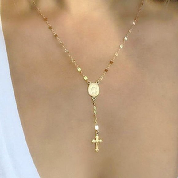 Lakeview Apparel Jewelry - Rosary Rose Gold Cross Madonna Religious Catholic Christian Coin Necklace